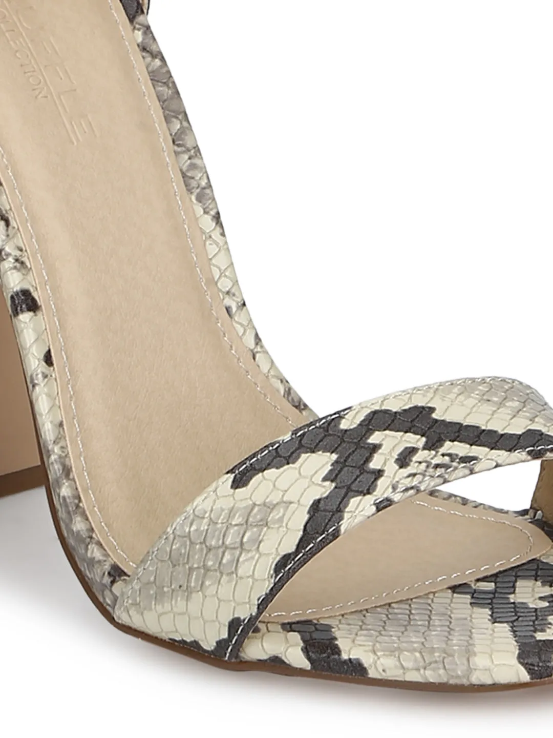 Beige Snake Ankle Strap Slim Block Heels